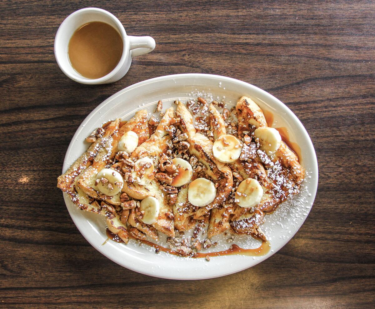 Caramel, banana and pecan challah French toast